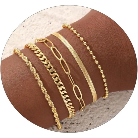 Gold Bracelet Set for Women Layered Link Rope Herringbone Adjustable Jewelry - Picture 1 of 6